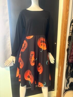 Halloween Black Pumpkin Print Long-Sleeve Fit & Flare Dress